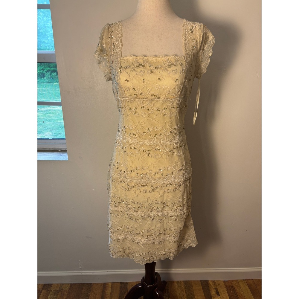 Vintage Onyx Nite Lace Cocktail Dress Beige Gold Beaded Formal Midi‎ 12P